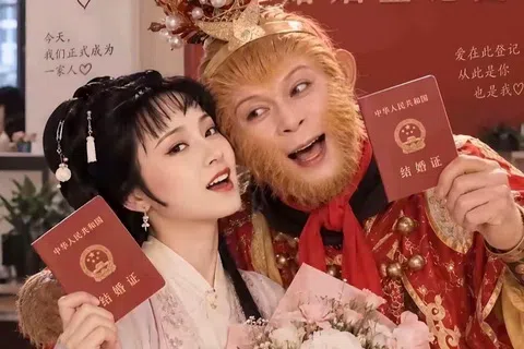 《西游记》里的孙悟空和《红楼梦》里的林黛玉跨越时空现身民政局领结婚证等AI生成图片，在中国互联网热传。（互联网）