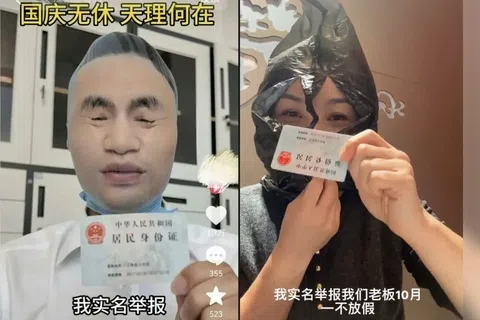 自10月1日中国国庆长假开始以来，短视频平台接连出现有员工头套塑料袋、手持身份证，实名控诉公司国庆长假不放假的视频，但这些视频后来被证实是摆拍。（互联网／视频截图）
