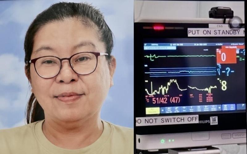莫锦英（左图）最终因肺部细菌感染过世，终年59岁；陈颖贤不满当时没有监护仪（右图）来监视母亲心跳。（曾美玲摄）