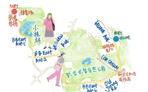 从武吉巴督自然公园步行前往“小桂林”只需30分钟，两个矿湖公园同中有异。（陈映蓁手绘）